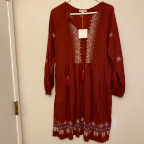 Knox rose red Balloon Long Sleeve Embroidered boho tassel oversized Dress -S - Picture 2 of 13